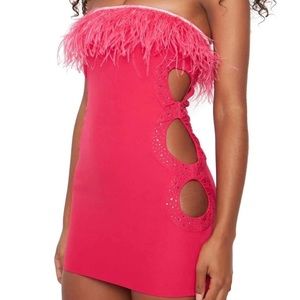 Danielle Guizio Hot Pink Strapless Feather-Trim Cutout Mini